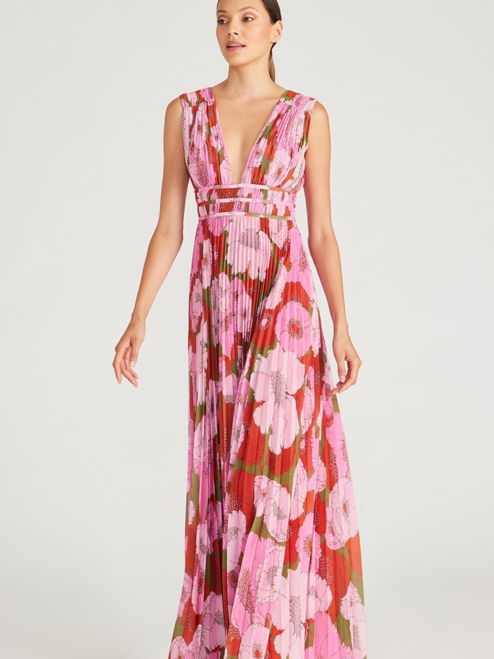 AMUR Pink Floral Pleated V-Neck Maxi Dress